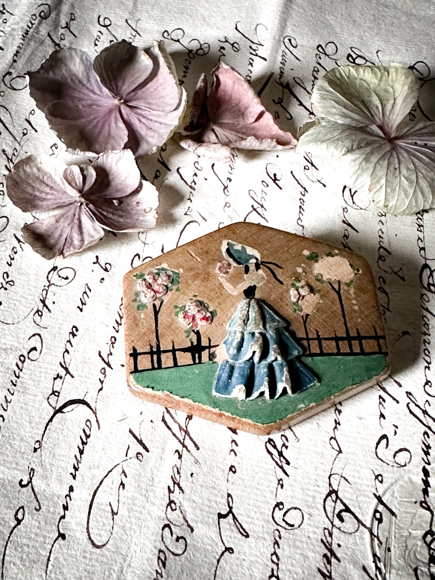 Pretty 1930’s carved wooden Crinoline lady hand painted brooch