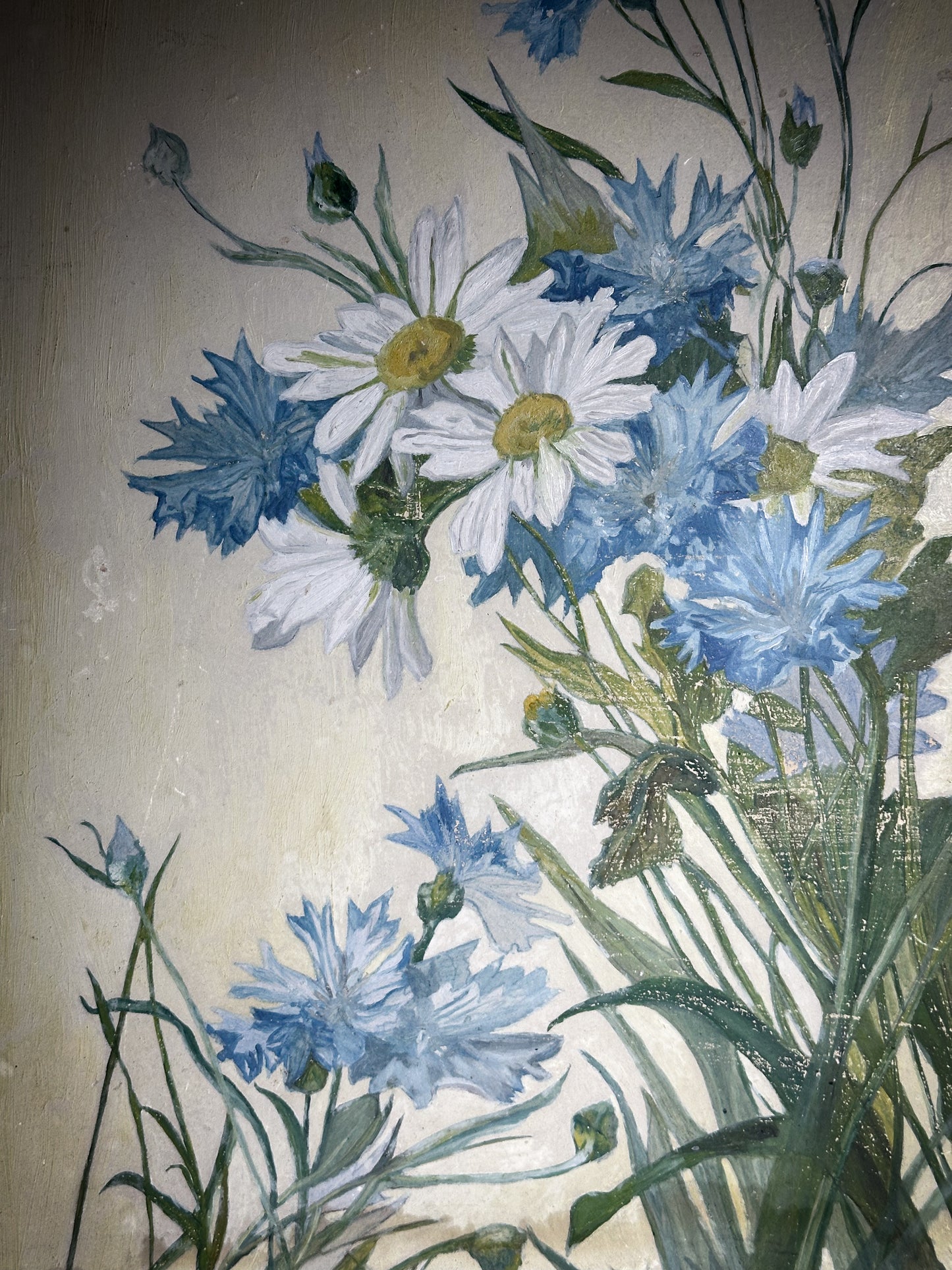 A Vintage oil on board painting of Daisies and Cornflowers