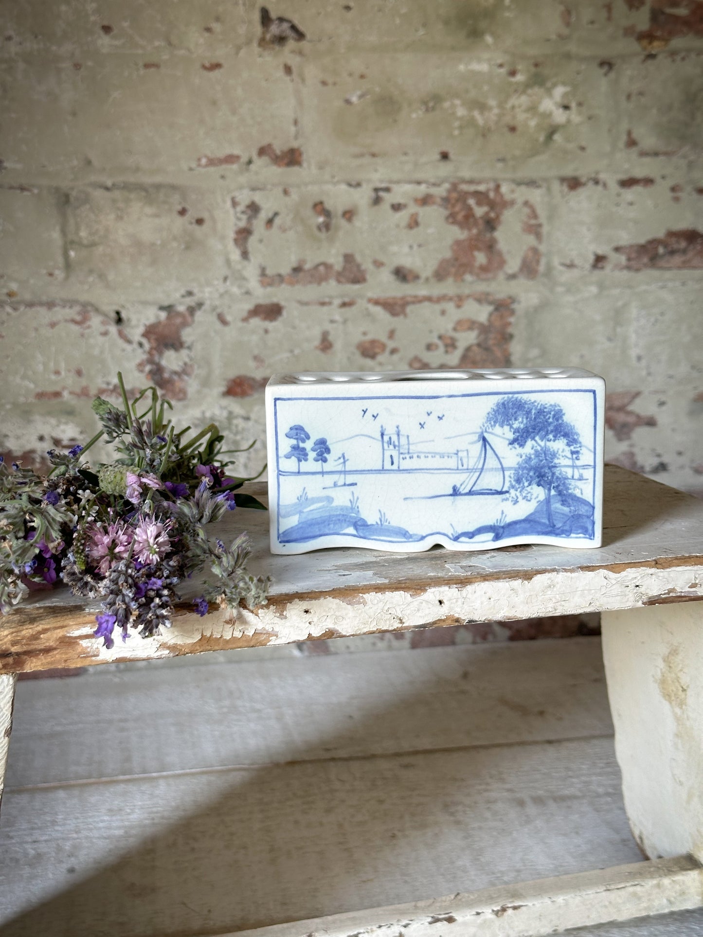 A beautiful Isis by Deborah seers Oxford, blue and white flower brick, tulipiere, flower frog, blue and white tin glaze vase