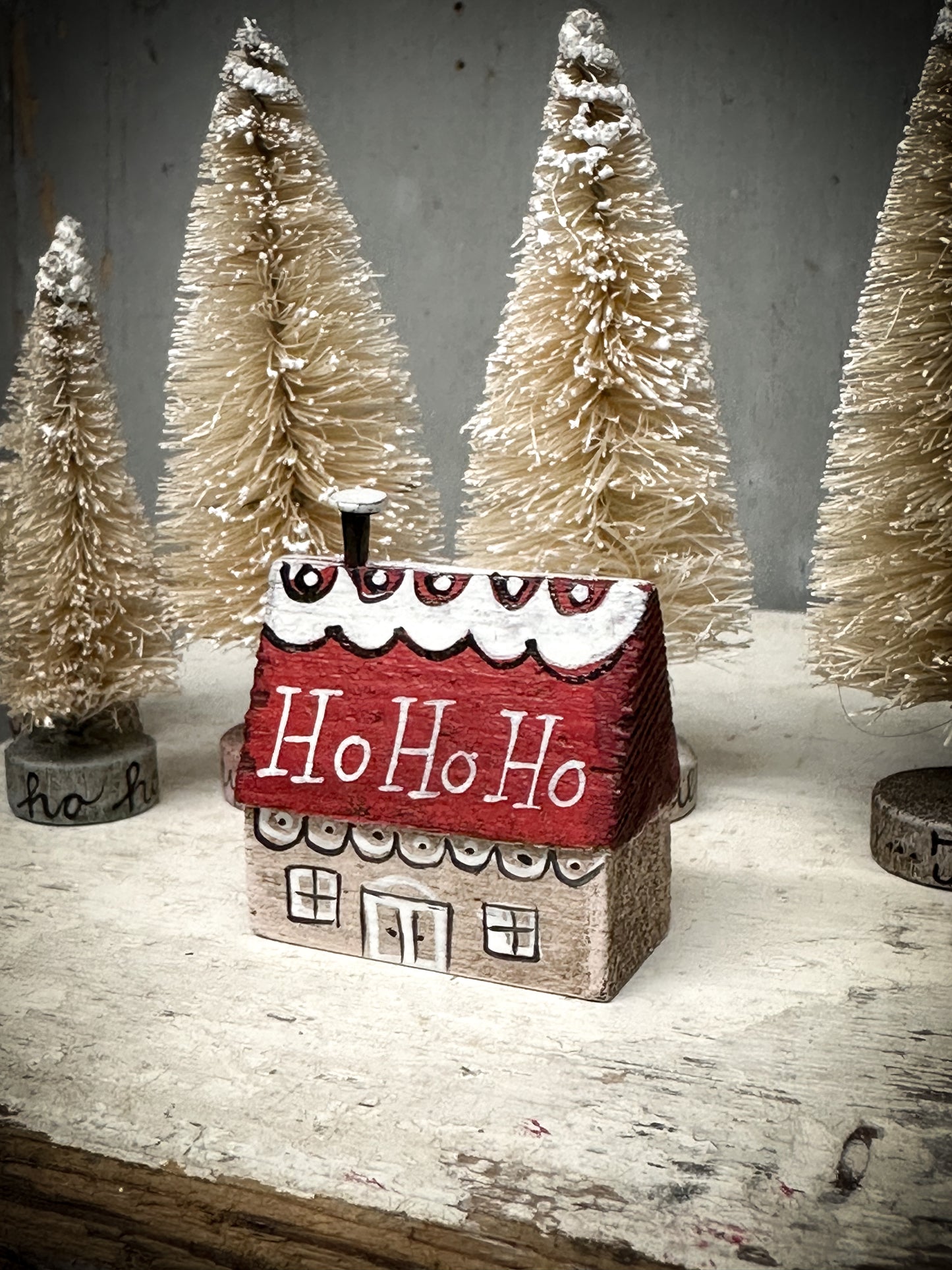 A small Vintage German Erzgebirge Putz Wooden Village House “Ho Ho Ho”