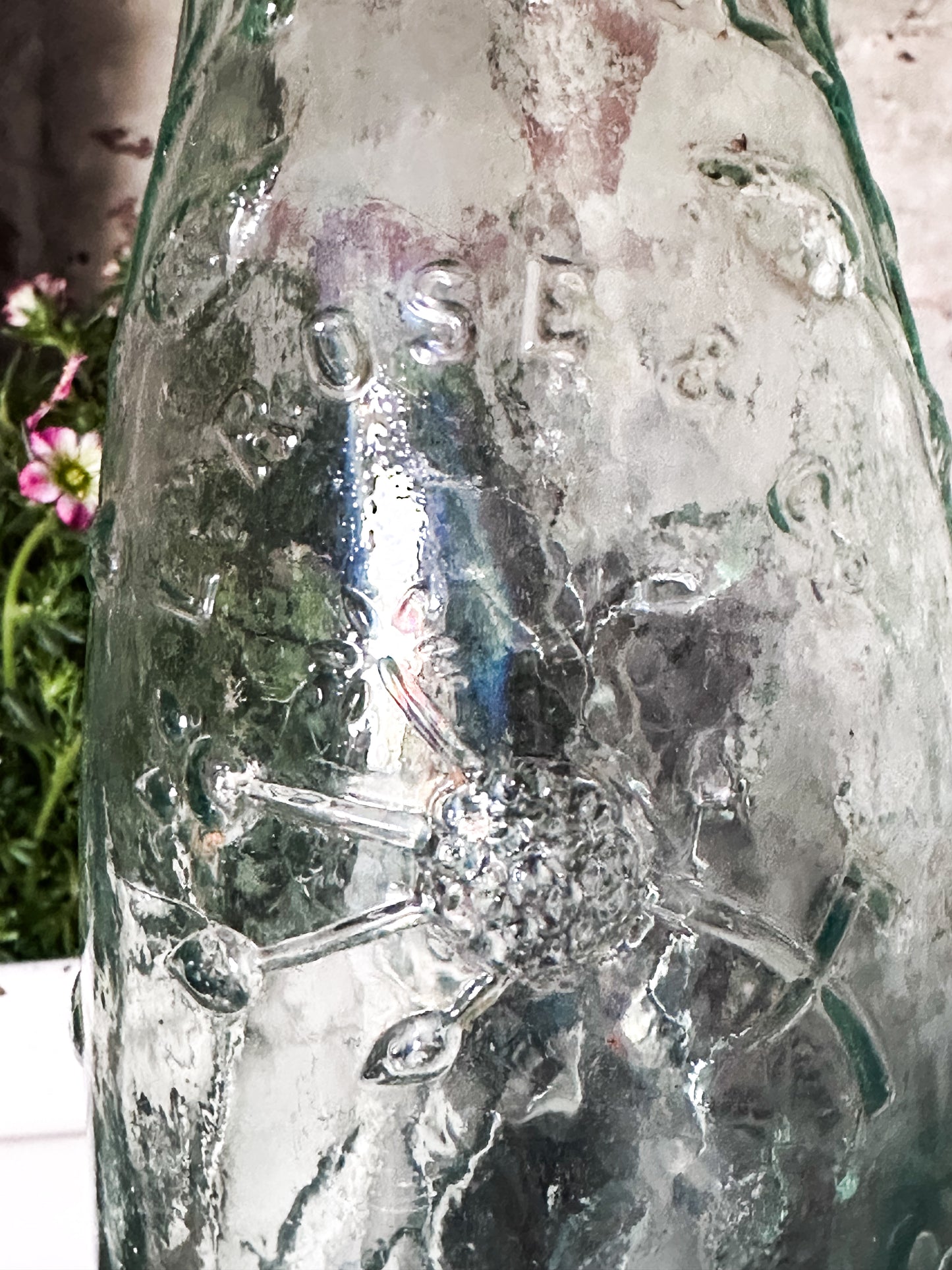 Victorian Rose’s Lime Cordial Bottle – Tall Embossed Floral Aqua Glass