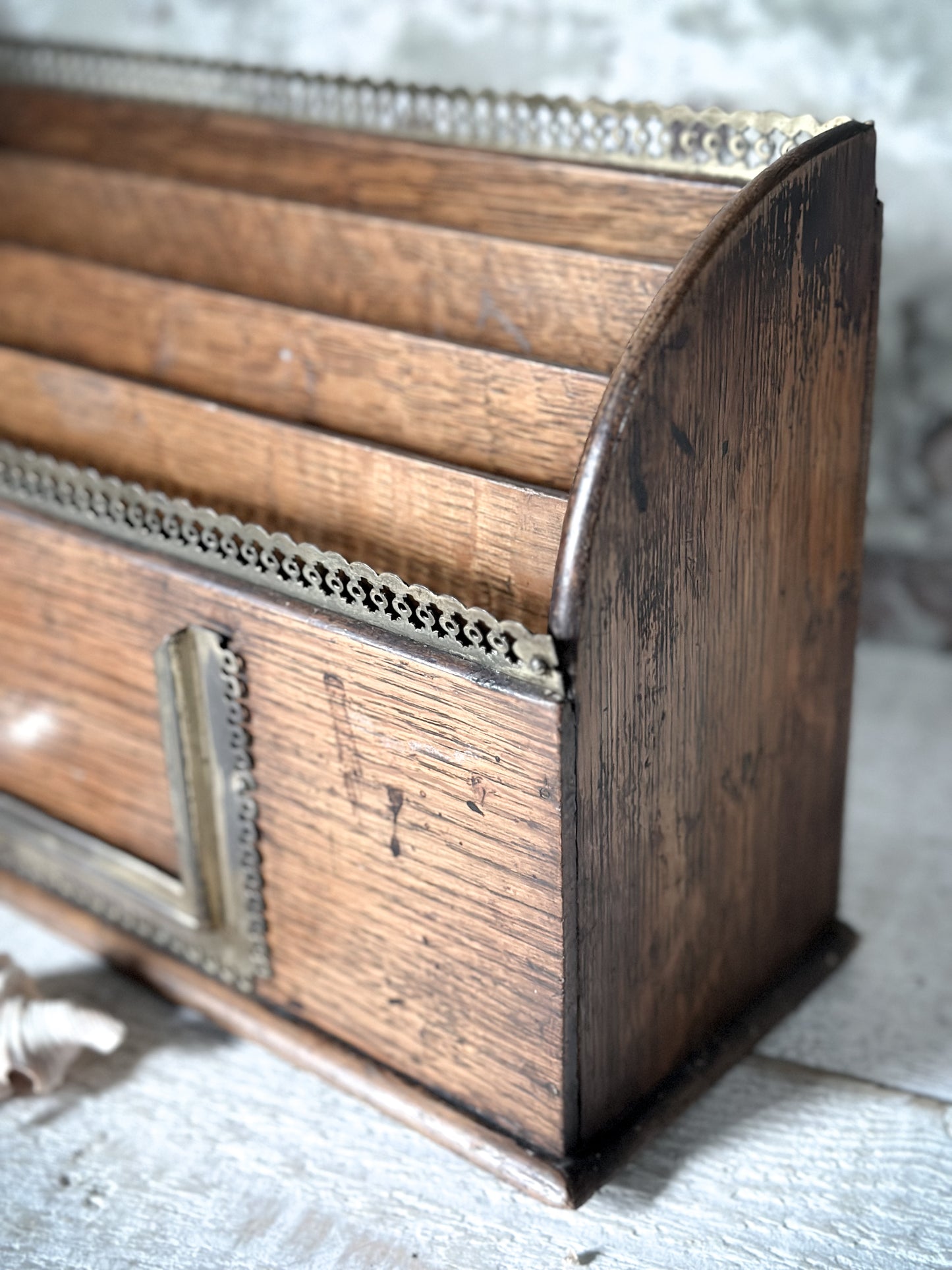 Victorian Oak Letter Rack with brass fretwork