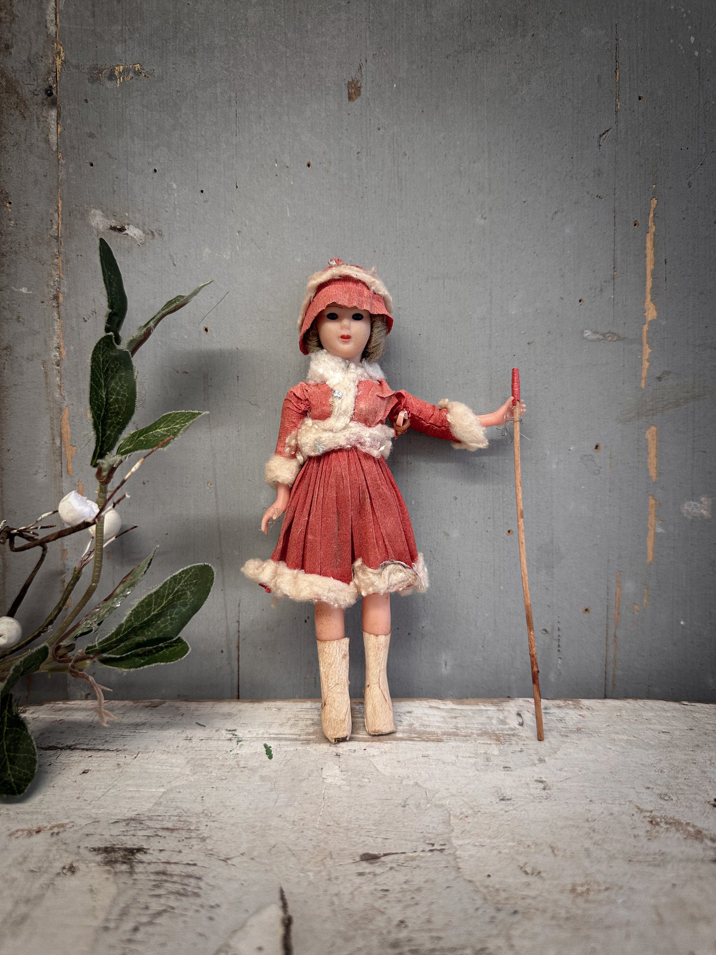 Mid-20th Century German Crepe-Paper Winter Girl Skier With oral provenance linking her to the Bletchley Museum collection