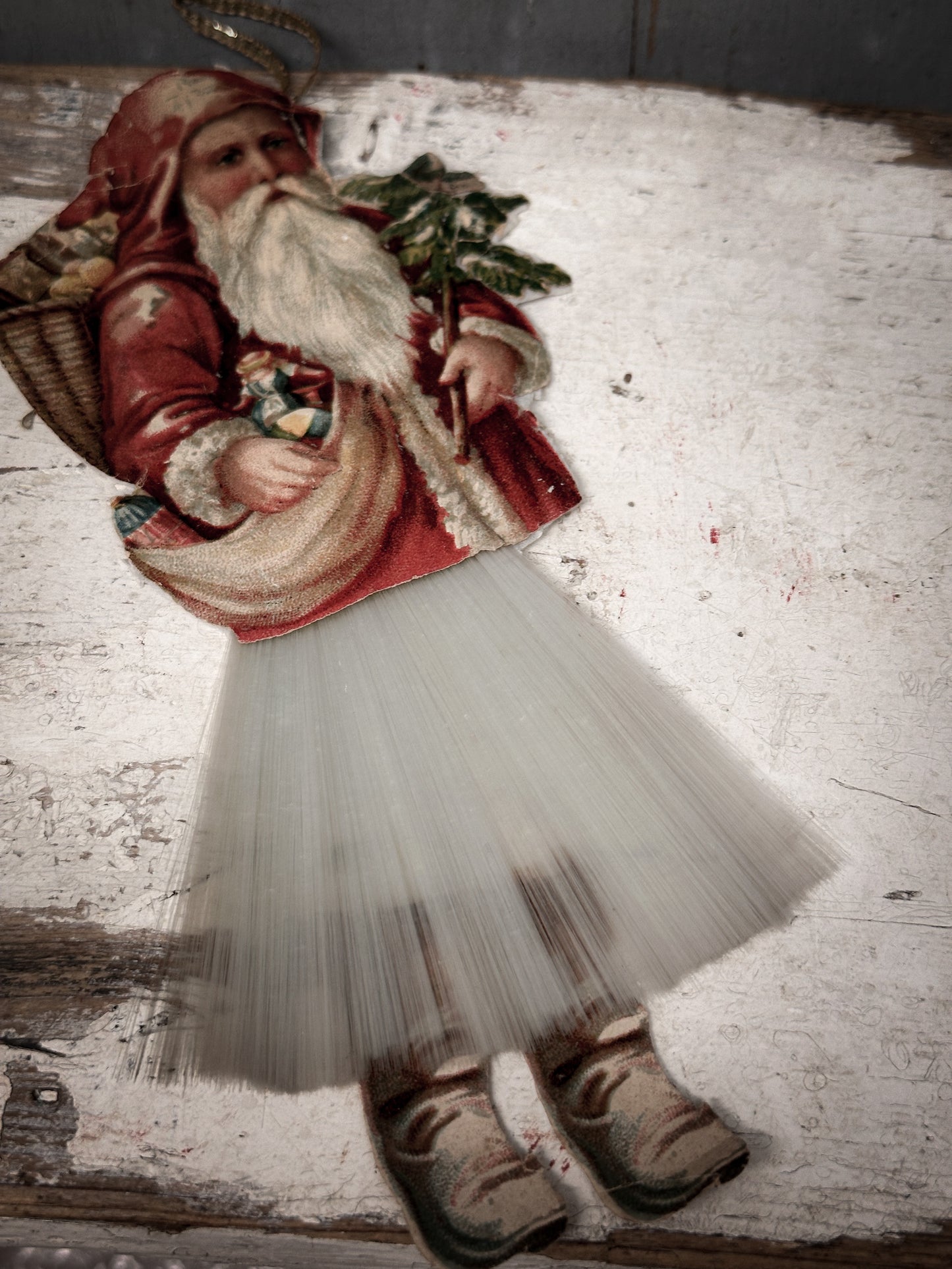 Antique German Father Christmas Ornament with Spun-Glass Skirt (c. 1900–1930)