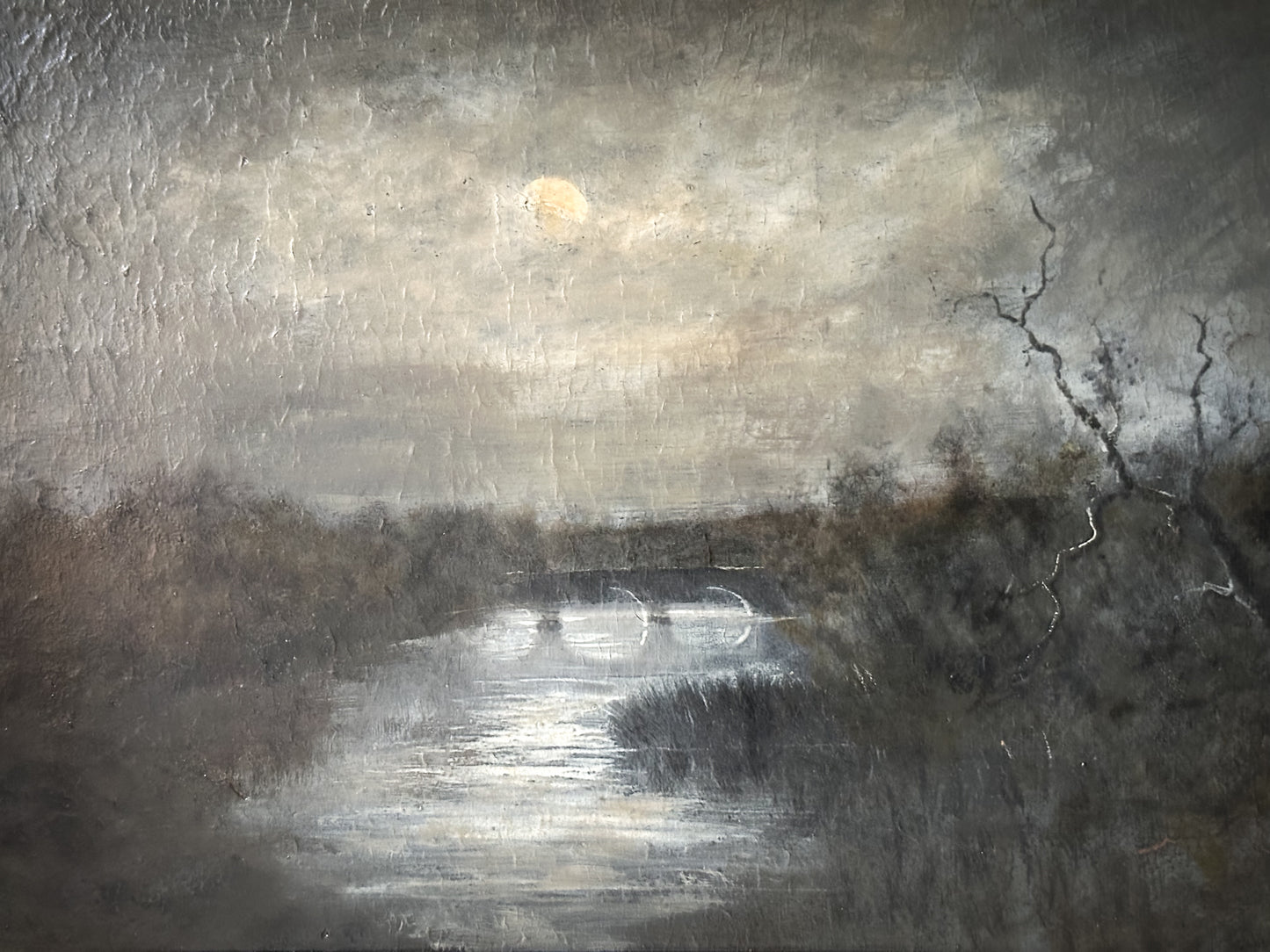 A beautiful antique landscape oil painting “Moonlight over the Bridge”