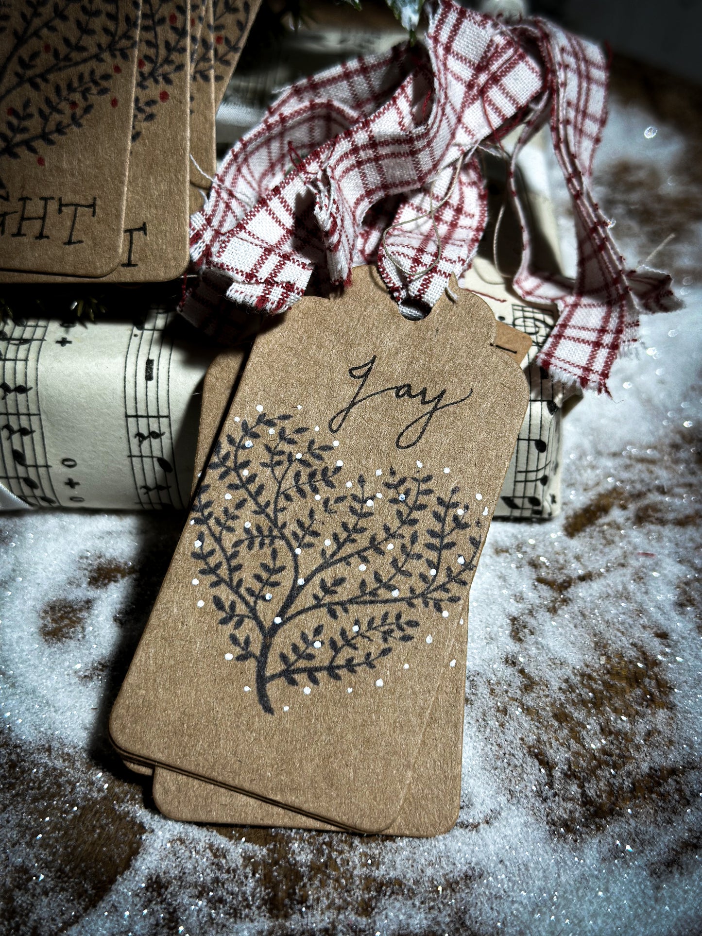 Pretty hand finished and illustrated gift tags with vintage French Fabric ties “Joy”