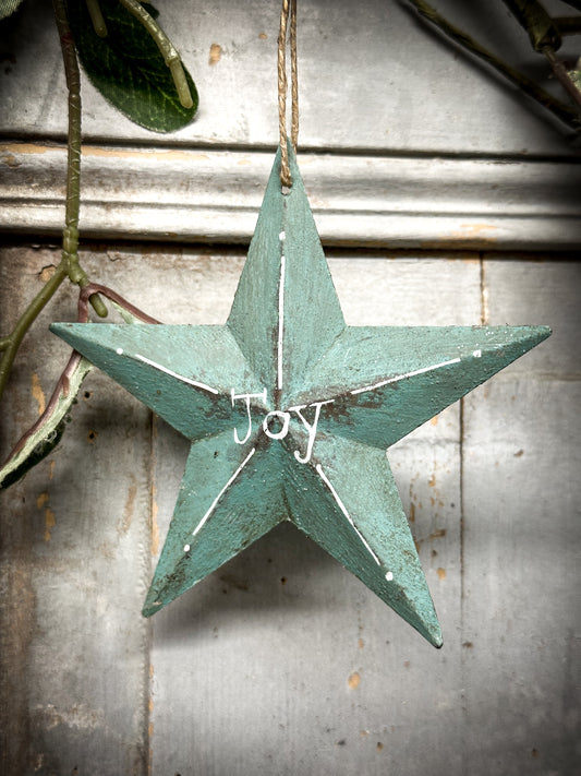 A Large Turquoise Tin Barn Star Christmas Decoration “Joy”