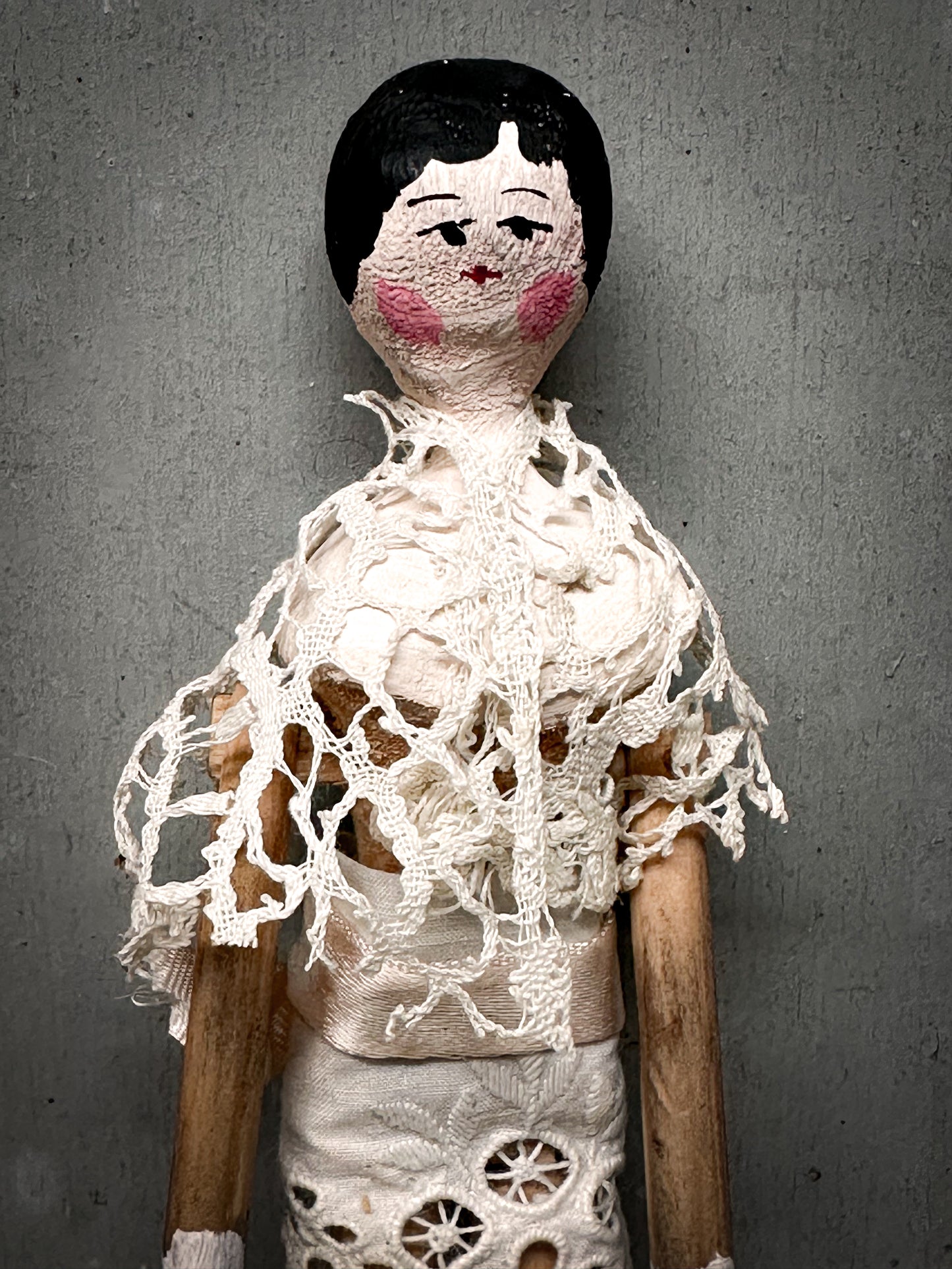 Antique Peg Doll / Grodnertal Doll with Wicker Crib