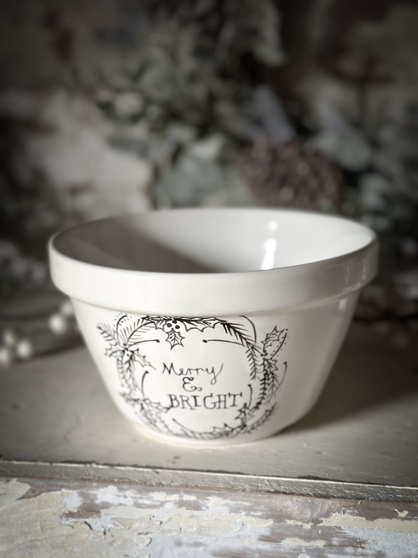 A beautiful vintage Illustrated Ironstone pudding bowl with a hand painted quote