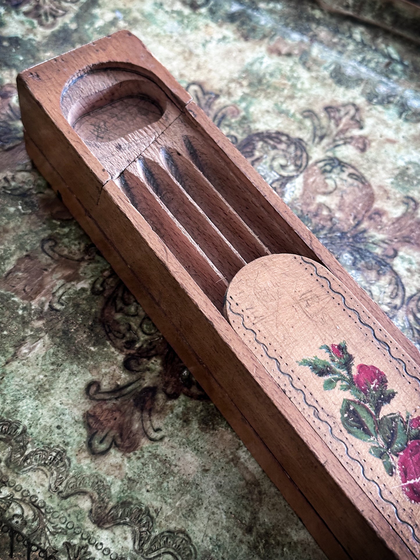 Vintage Wooden School Pencil Case with Roses