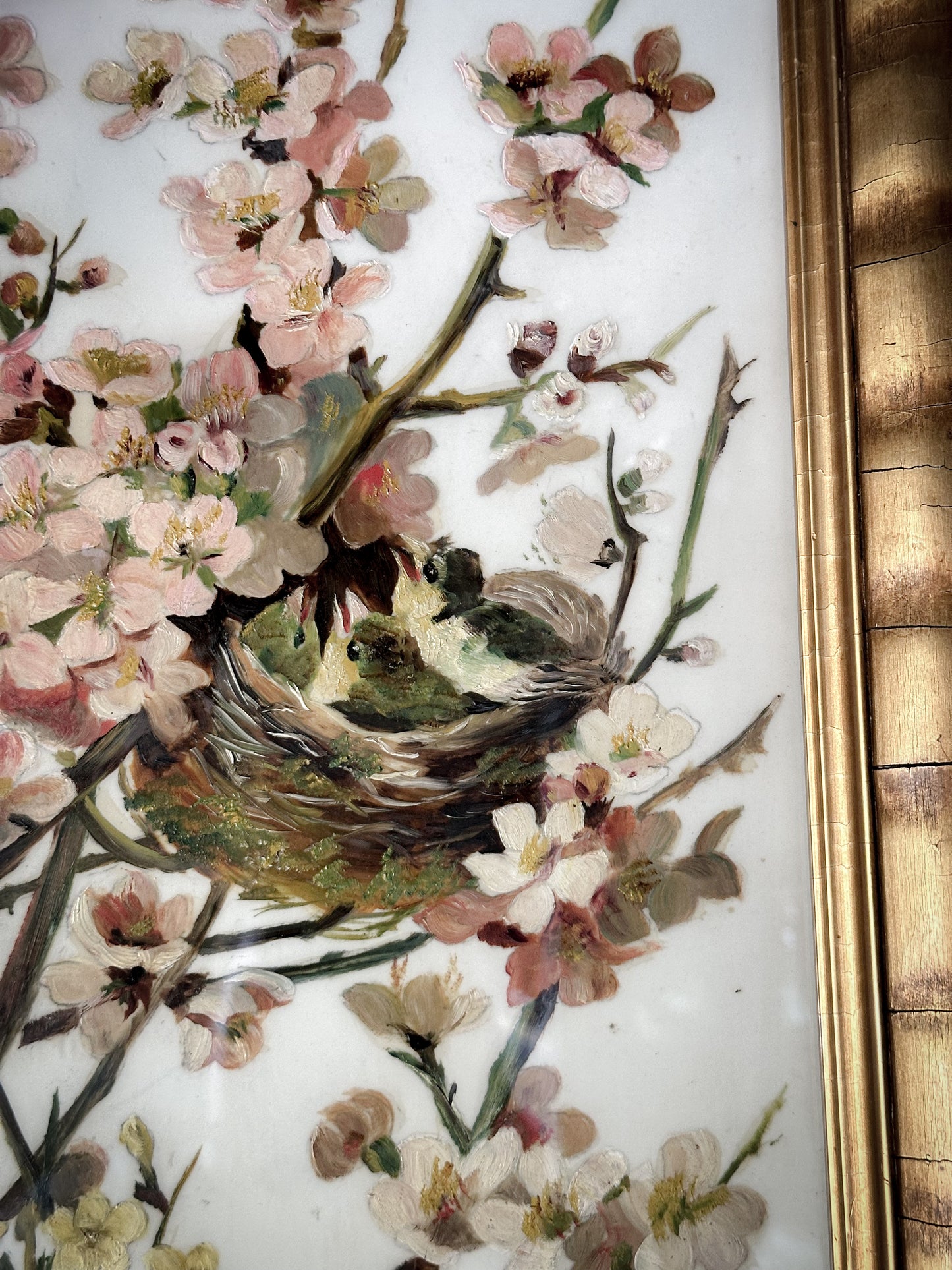 A Stunning Victorian Milk Glass Painting of A Bird’s Nest and Spring Blossoms