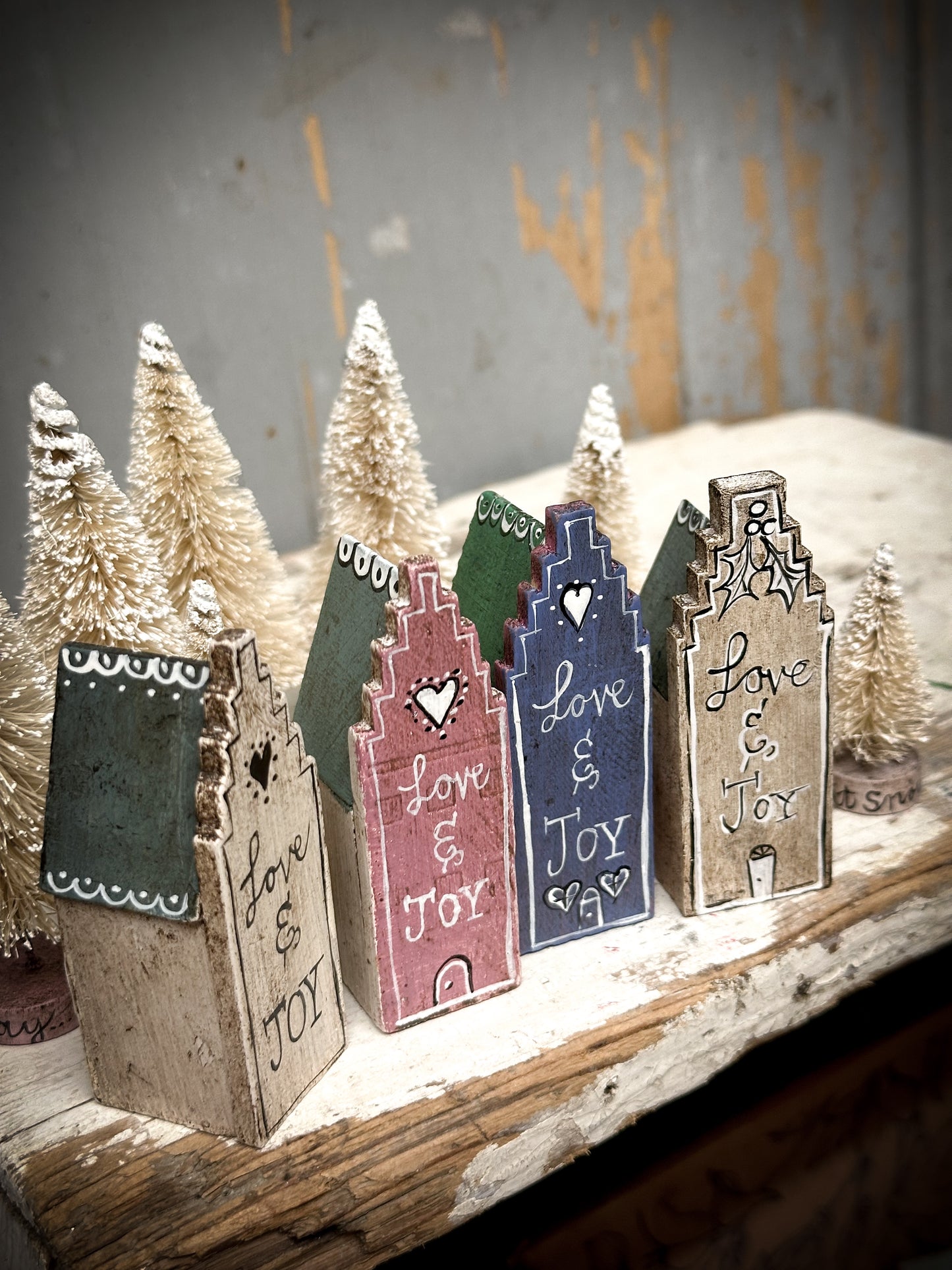 A Large Vintage German Erzgebirge Putz Wooden Village House “Love & Joy”