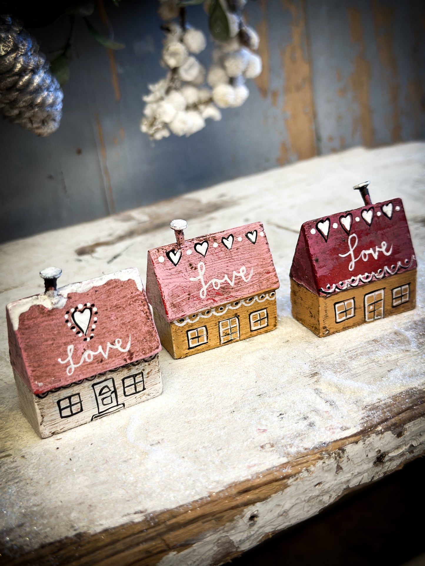 A Pretty Vintage German Erzgebirge Putz Wooden Village House “Love”