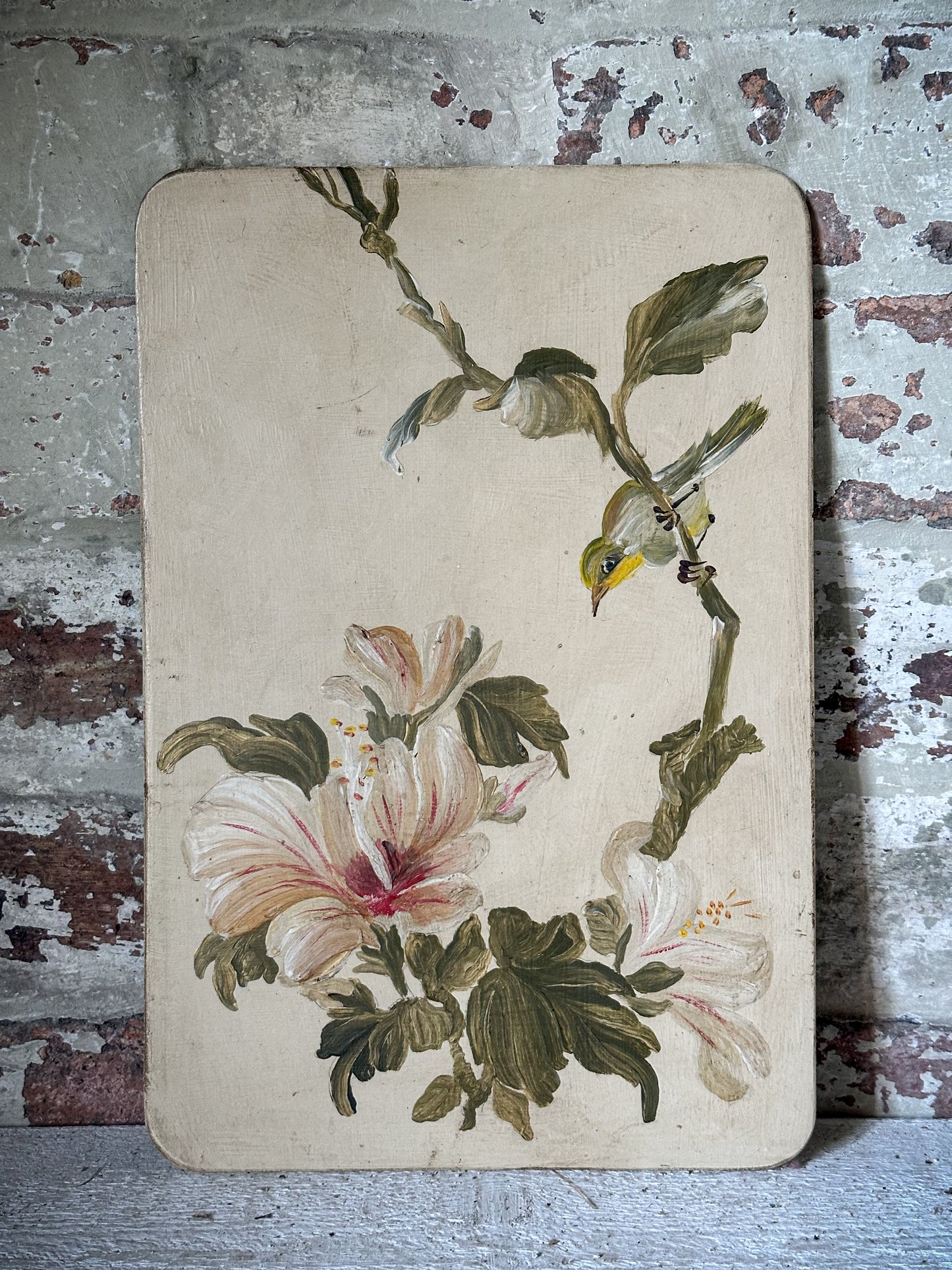 A Beautiful pair of Painted Panels with Hibiscus Flowers and Birds