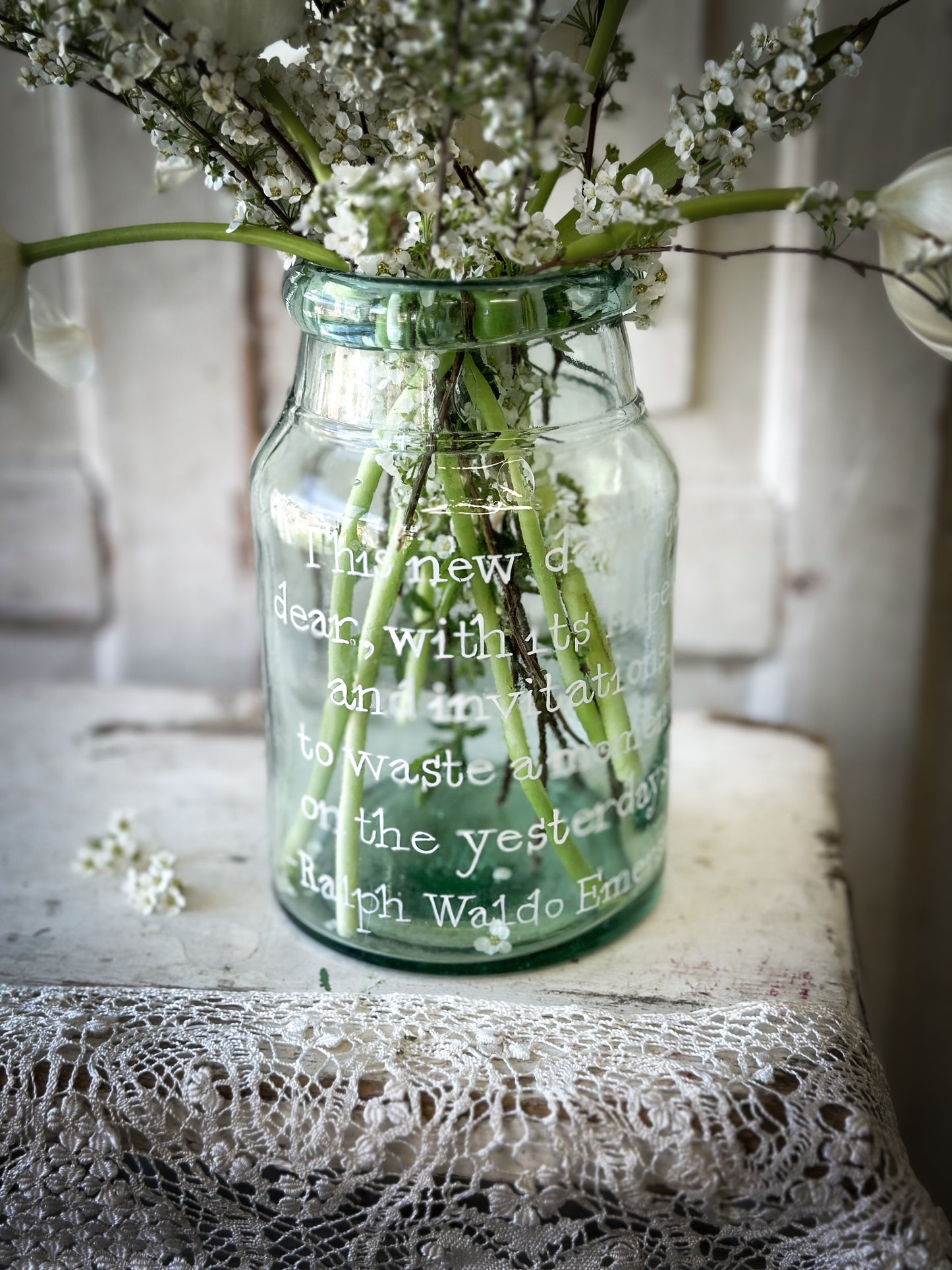 A beautiful large Victorian preserve jar painted with a quote “This new day”