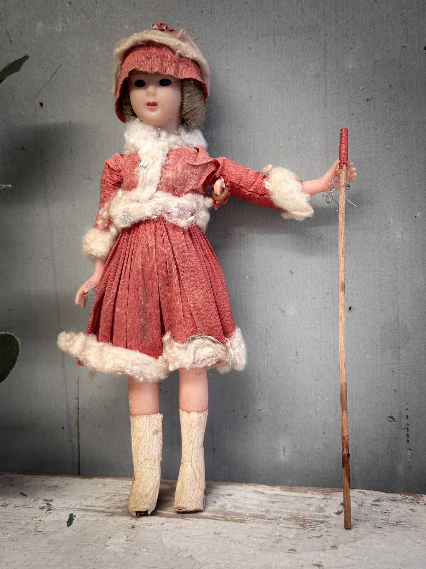 Mid-20th Century German Crepe-Paper Winter Girl Skier With oral provenance linking her to the Bletchley Museum collection