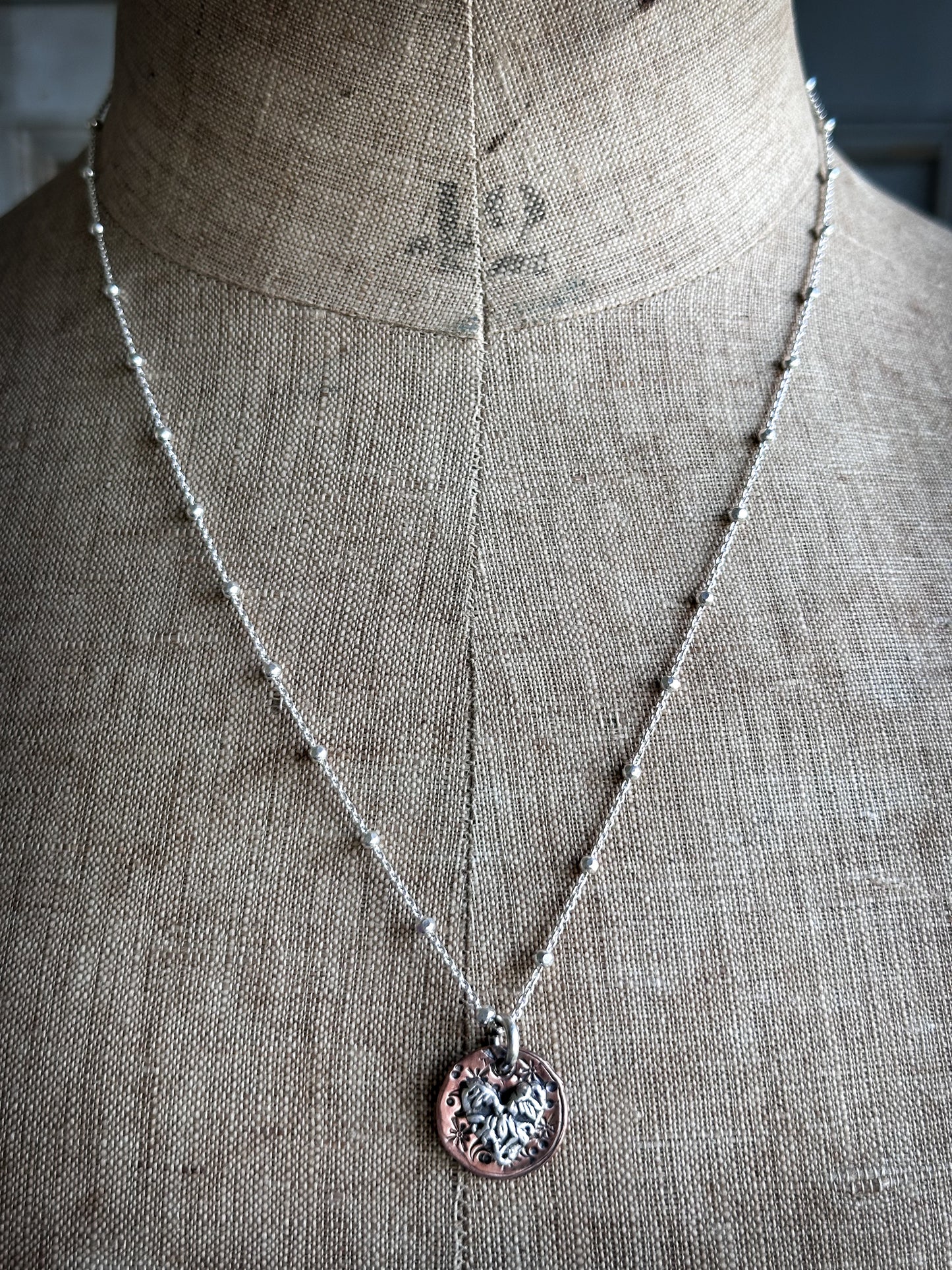 Moon Garden Heart Necklace – Fine Silver Wedgwood Sprig on Star-Stamped Copper