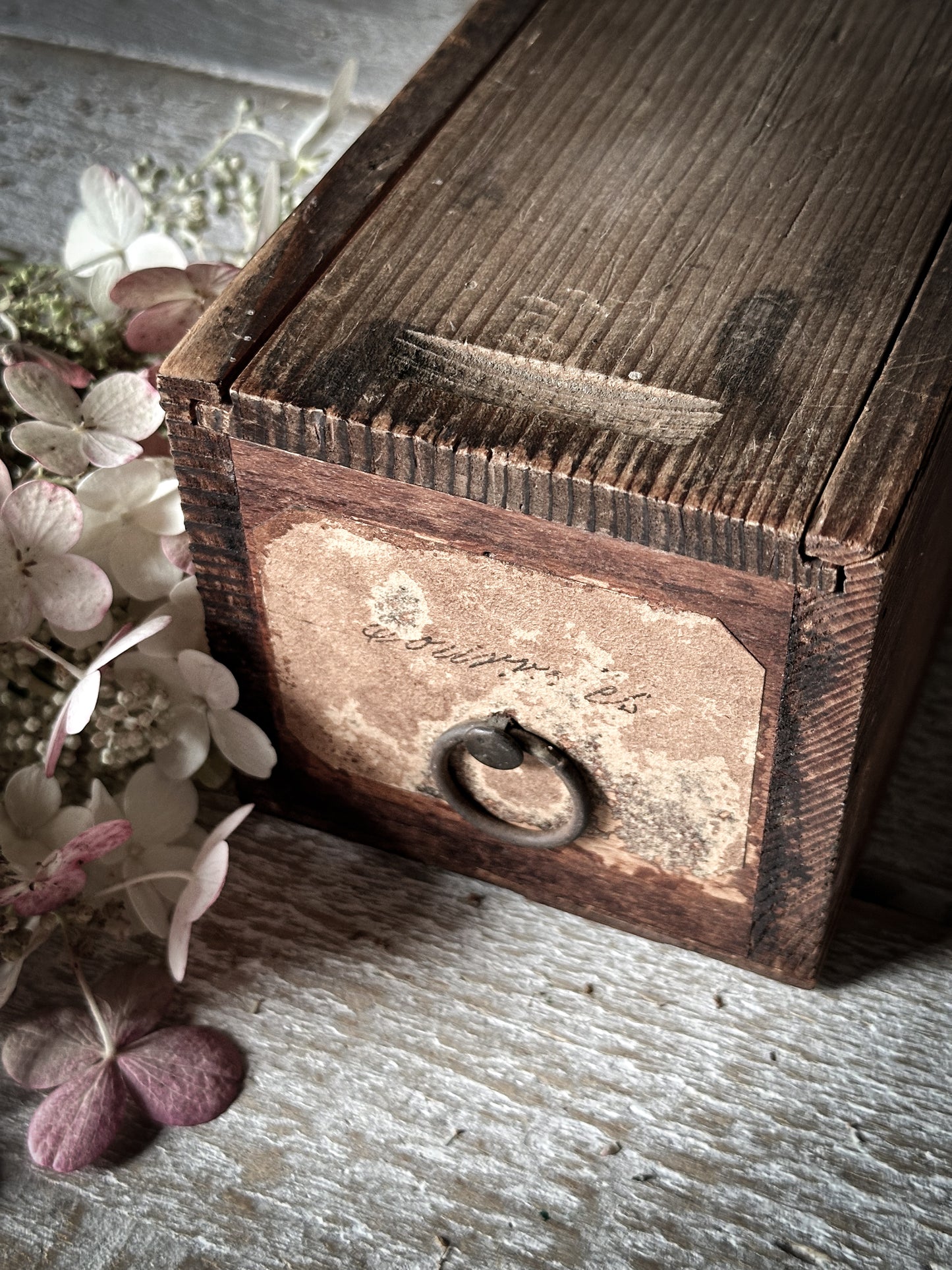 A wonderful French wooden engineer’s drawer with hand written label and sliding lid