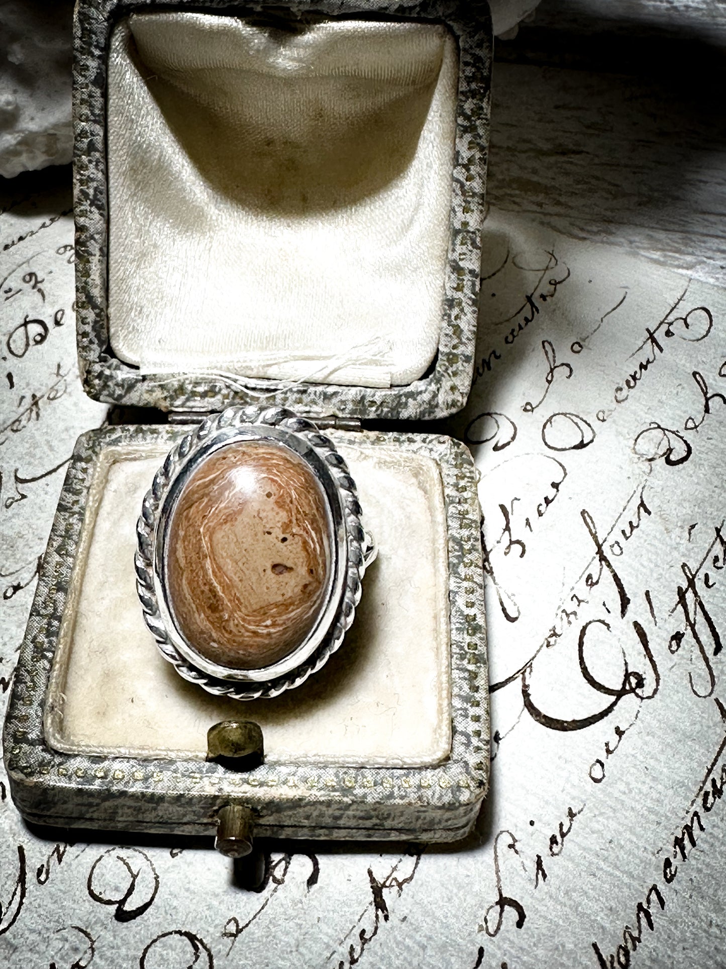 Vintage Hallmarked Silver Oval Moss Agate Ring