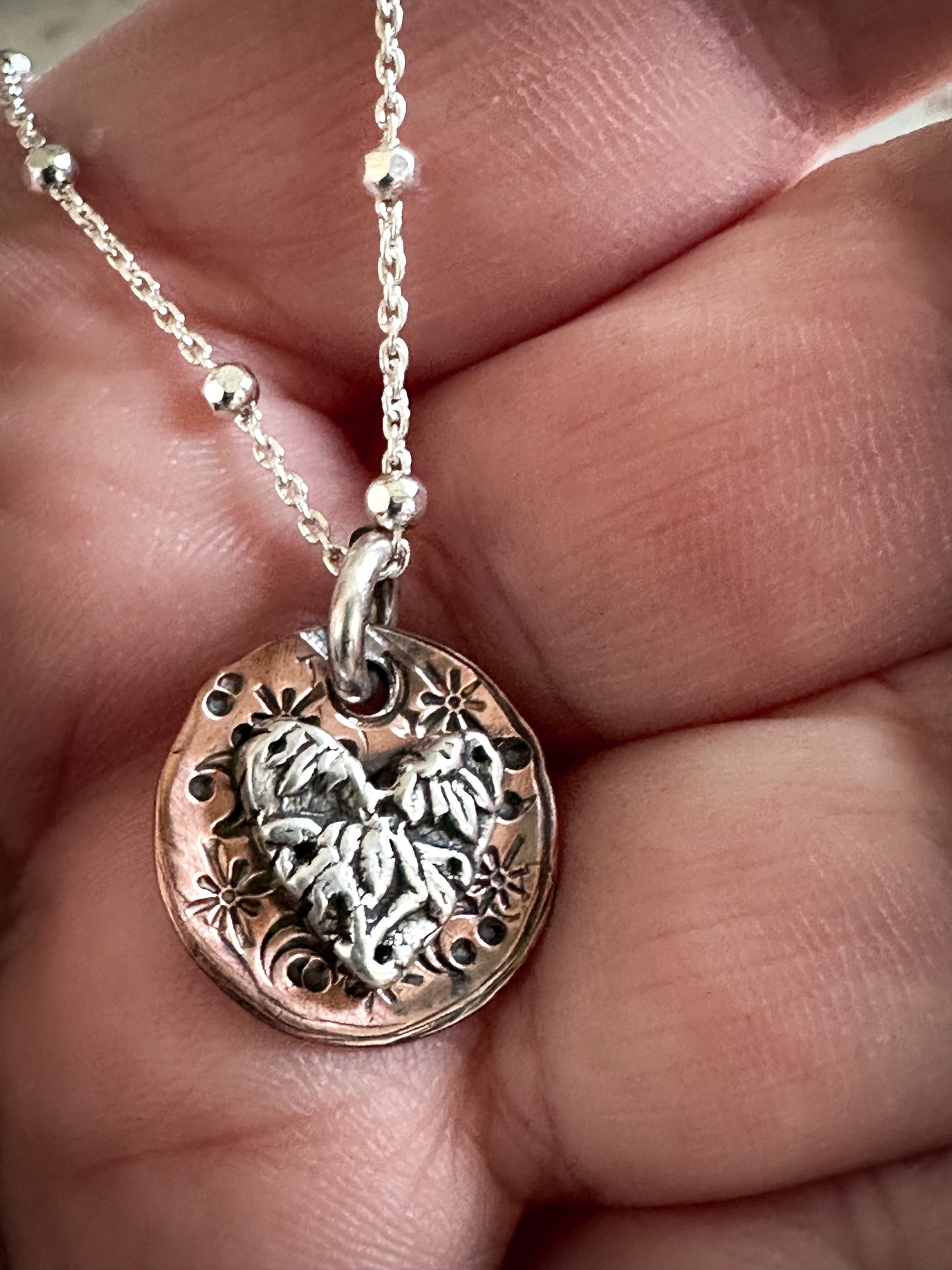 Moon Garden Heart Necklace – Fine Silver Wedgwood Sprig on Star-Stamped Copper