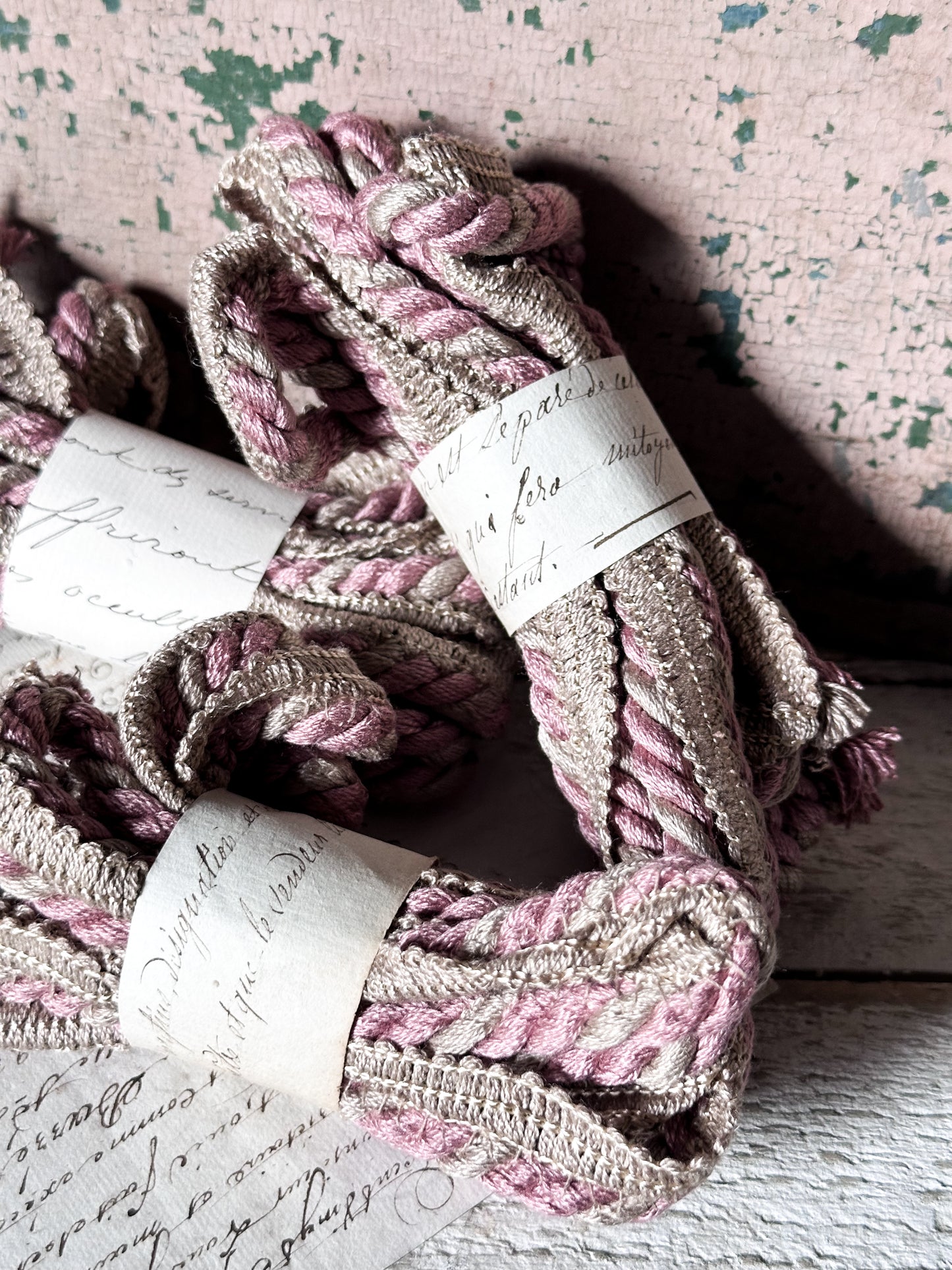 Vintage French Passementerie Trim – Pink and Cream Silk Braid with Original Paper Wrap
