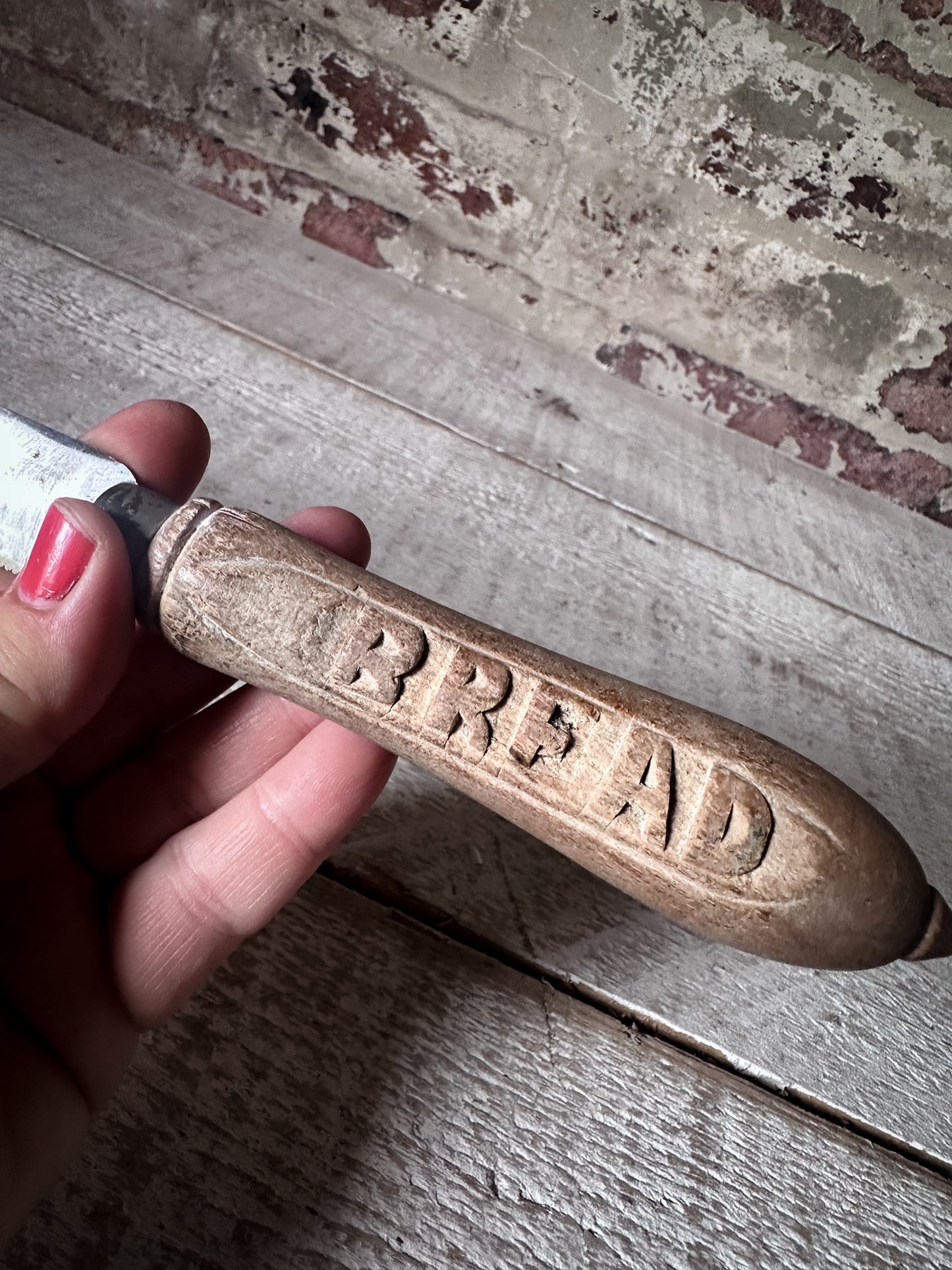 Antique English Treen Bread Knife | Hand-Carved “BREAD” Folk Art Handle | 33cm Kitchenalia