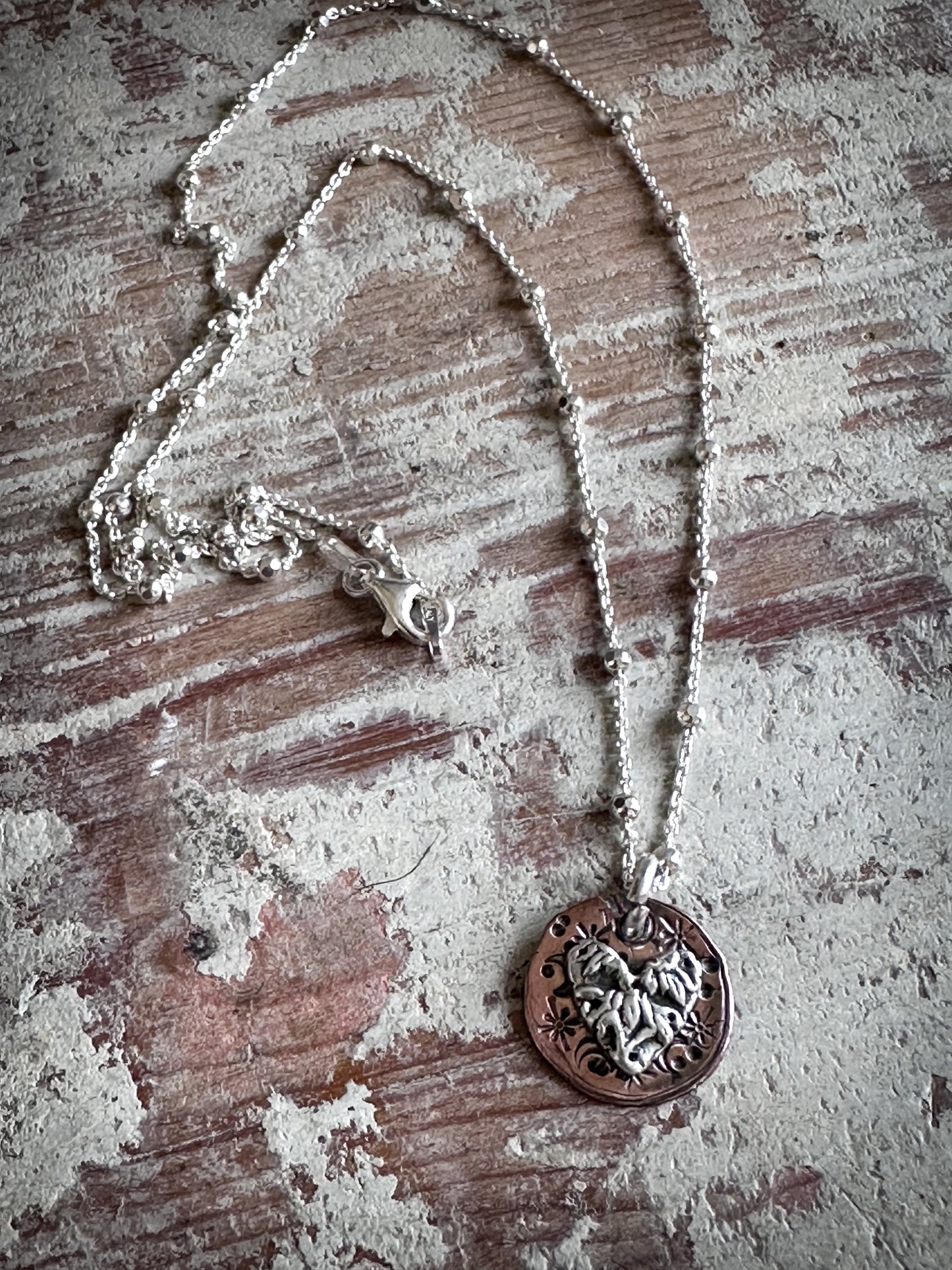 Moon Garden Heart Necklace – Fine Silver Wedgwood Sprig on Star-Stamped Copper