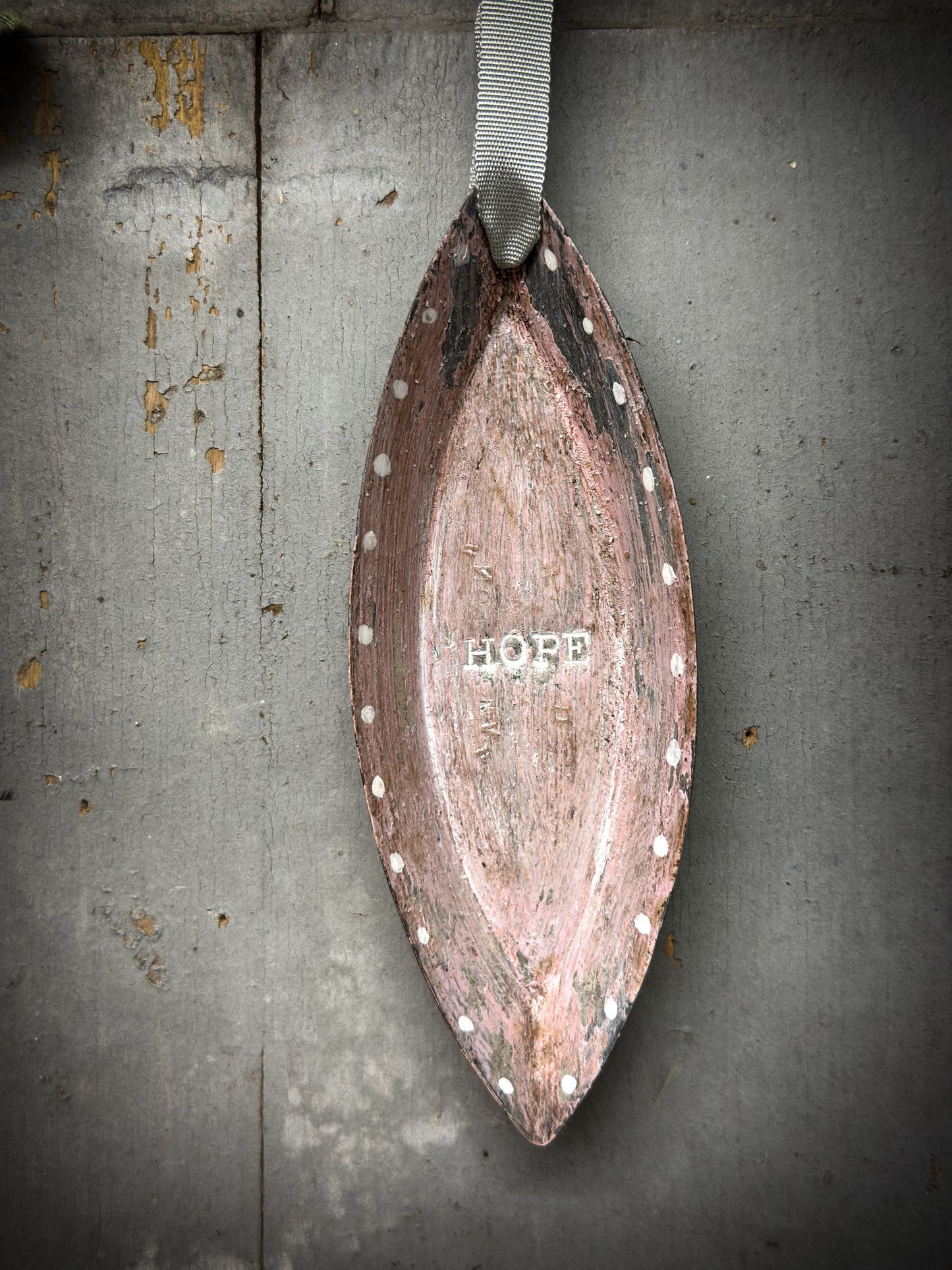 A Reworked French Patisserie Tin Christmas Decoration Stamped and Painted “Hope”