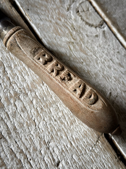 Antique English Treen Bread Knife | Hand-Carved “BREAD” Folk Art Handle | 33cm Kitchenalia