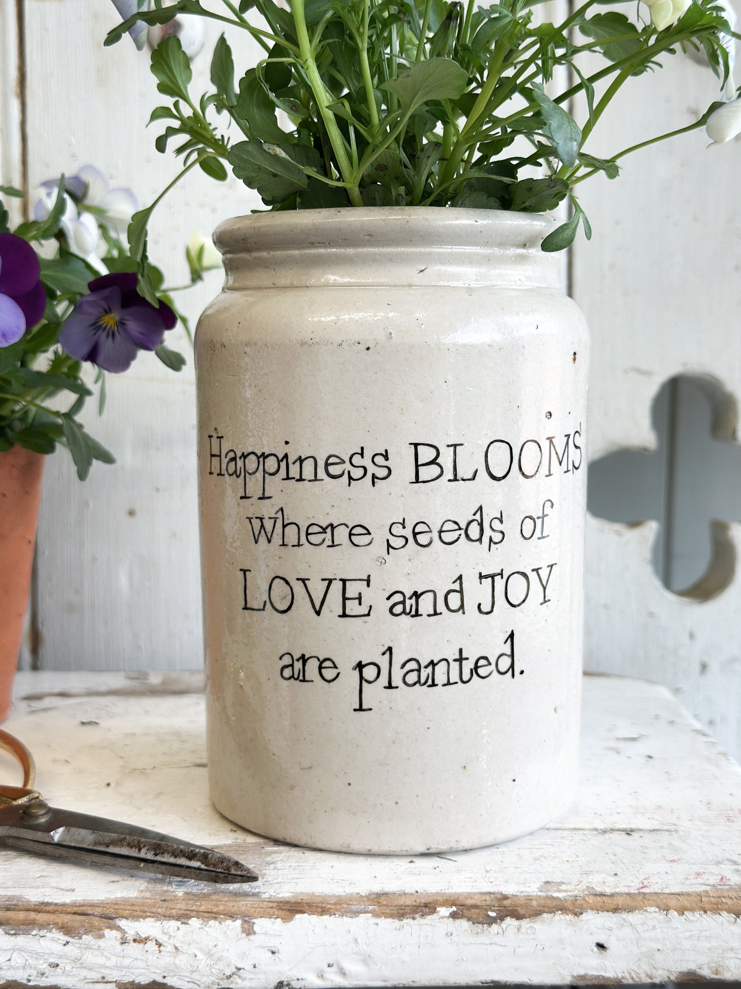 “Happiness Blooms” Large Painted Stoneware Pot