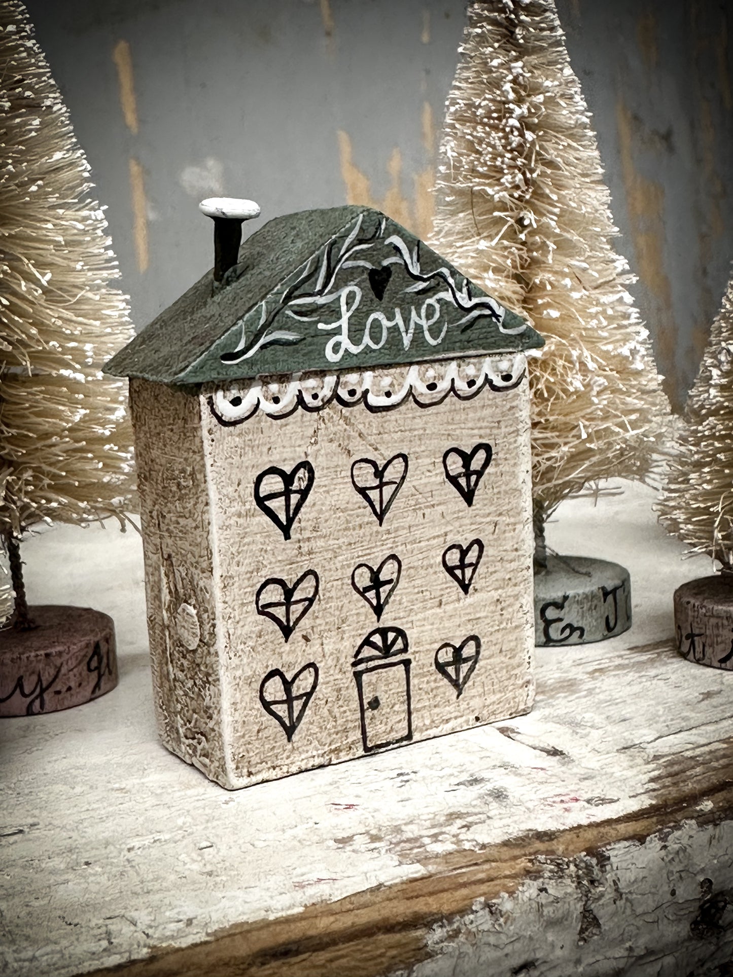 A Large Vintage German Erzgebirge Putz Wooden Village House “Love”