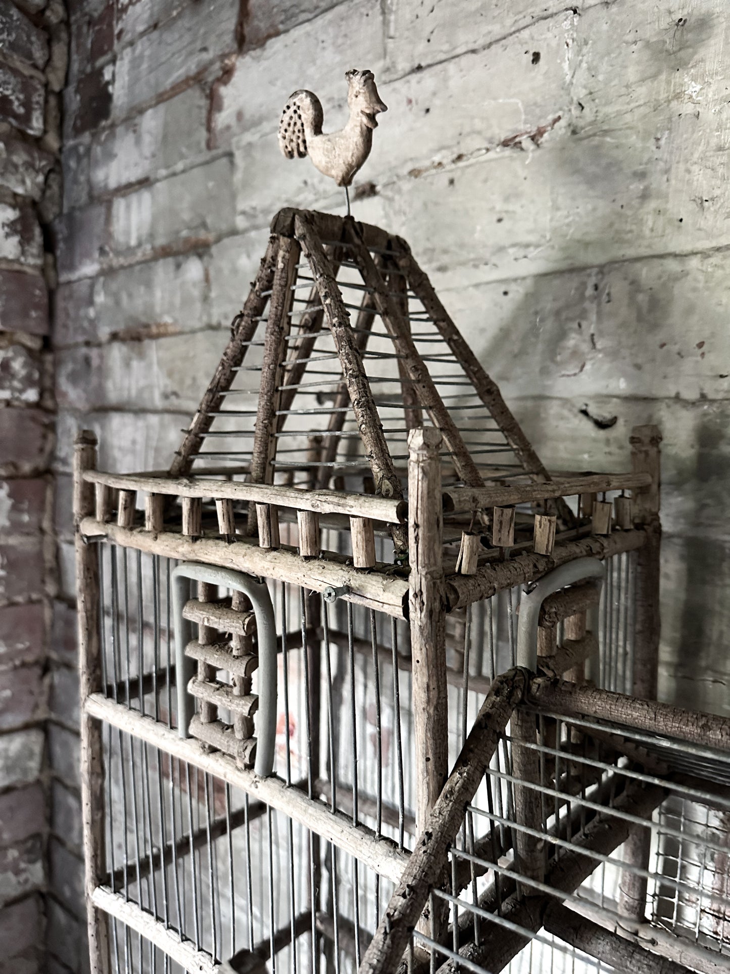 A French Primitive scratch built Bird Palace, Bird cage in the style of a Chateau