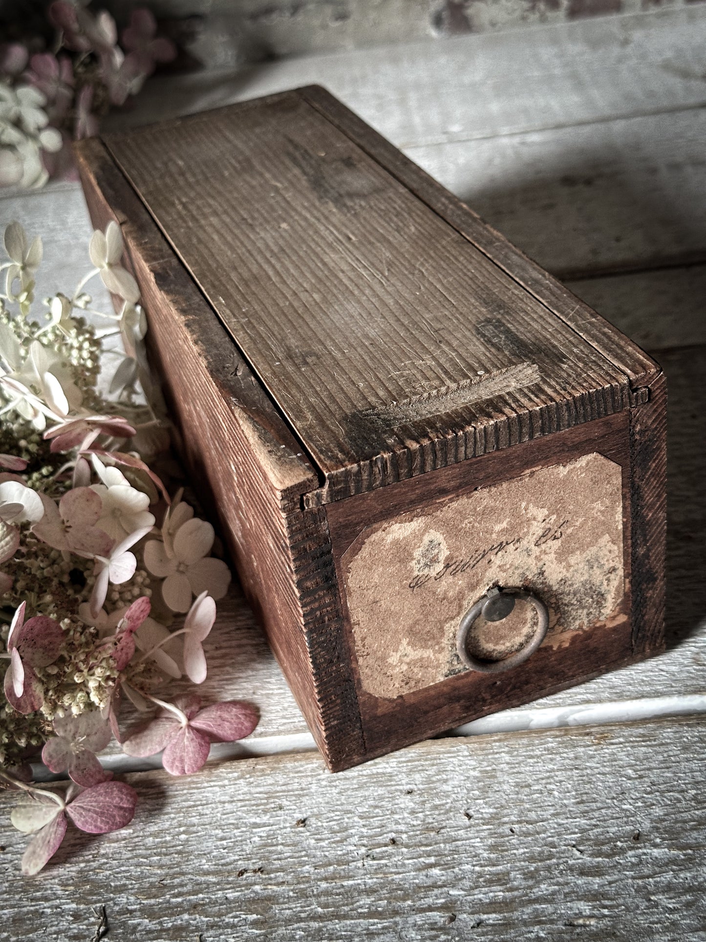 A wonderful French wooden engineer’s drawer with hand written label and sliding lid