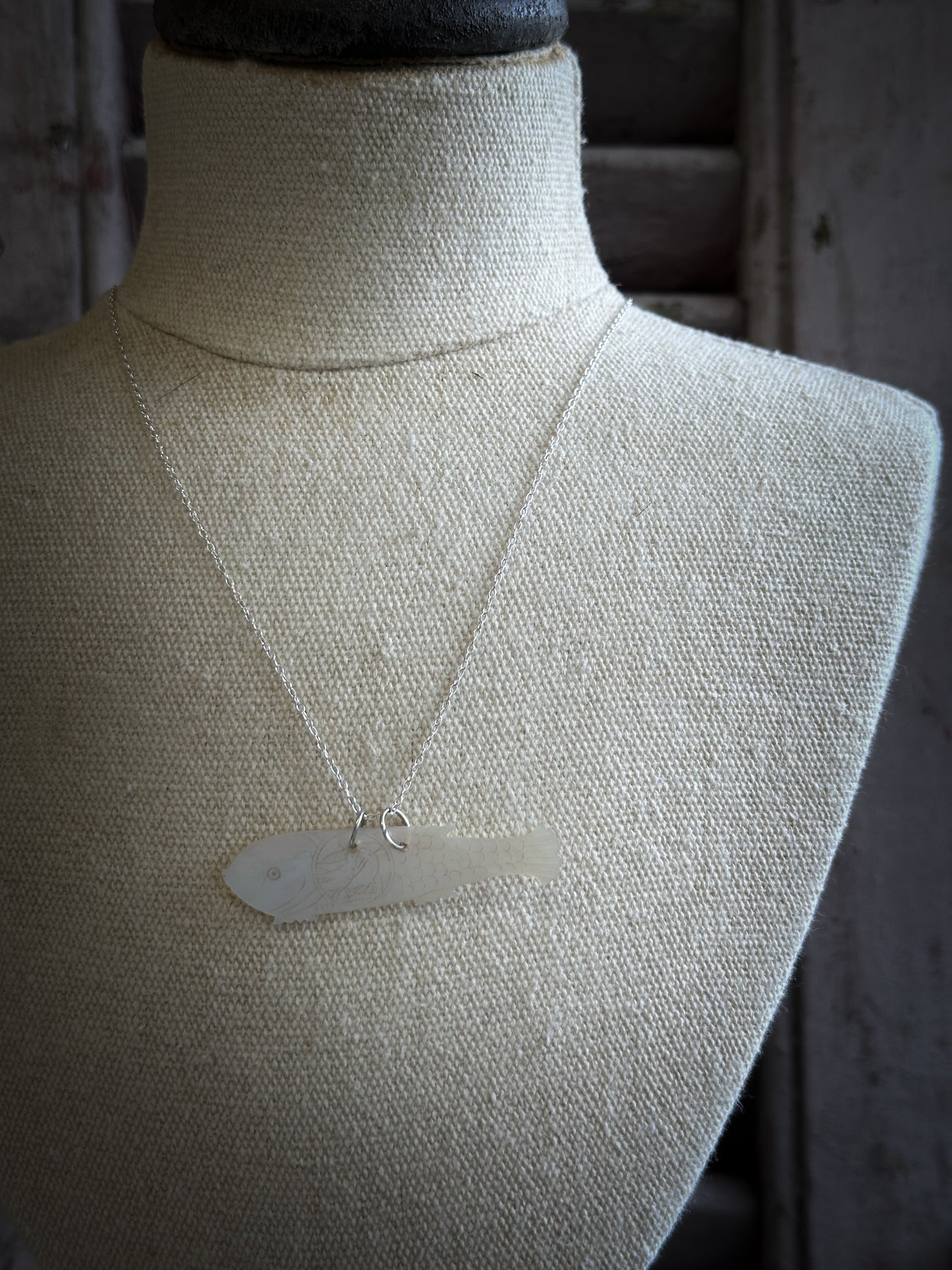 Found Object Mother of Pearl Fish Necklace by Jealous Moon Jewellery