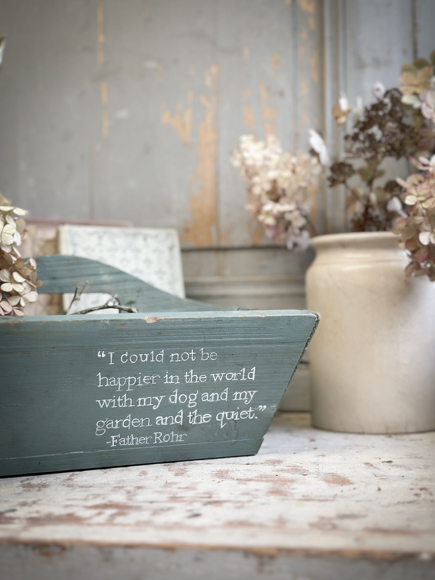 A Vintage Chippy Paint Wooden Trug With Garden Quote