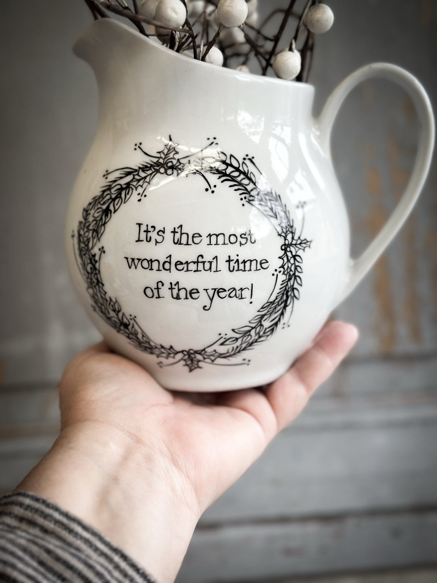 A beautiful Vintage Ironstone jug with a Christmas hand painted quote