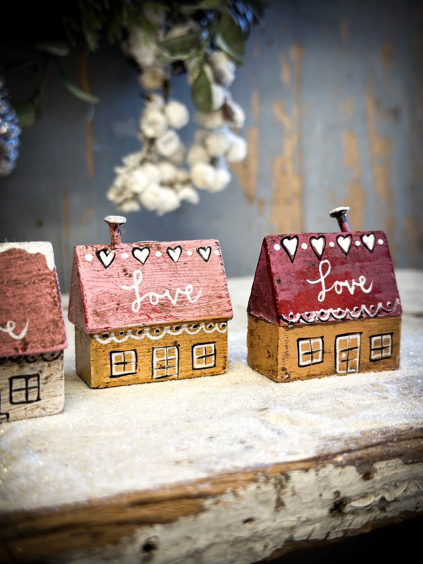 A Pretty Vintage German Erzgebirge Putz Wooden Village House “Love”